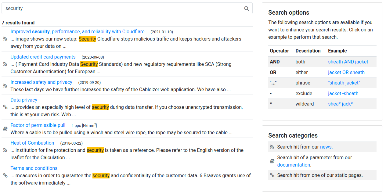 Example of search results