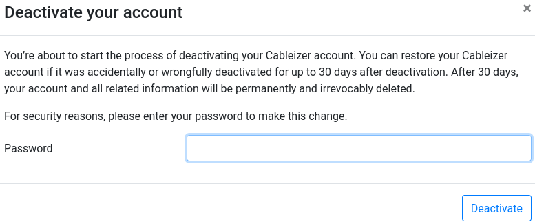 Account deactivation modal
