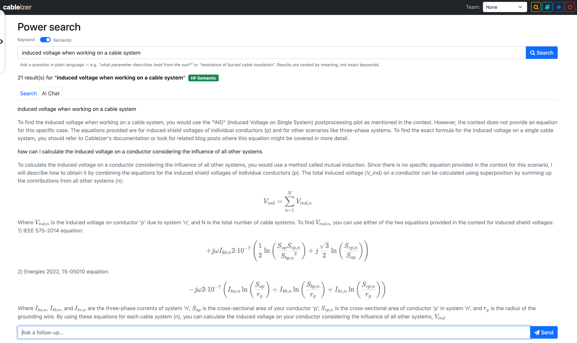 AI Chat tab showing a multi-turn conversation with grounded answers and typeset equations