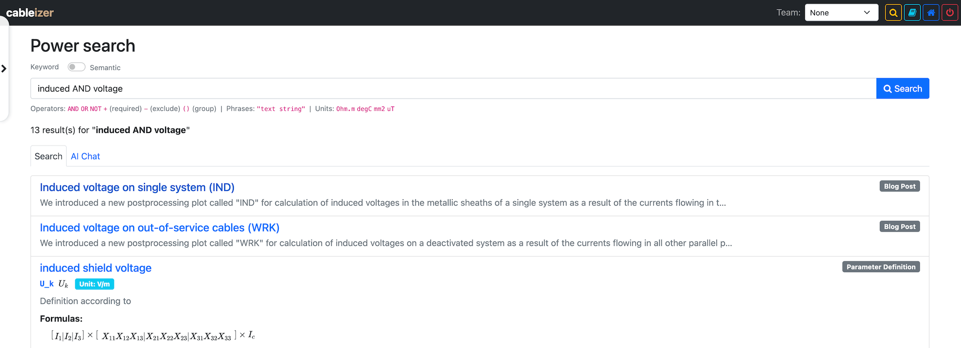 Keyword search results for 'induced AND voltage', showing blog posts and a parameter definition with rendered formula