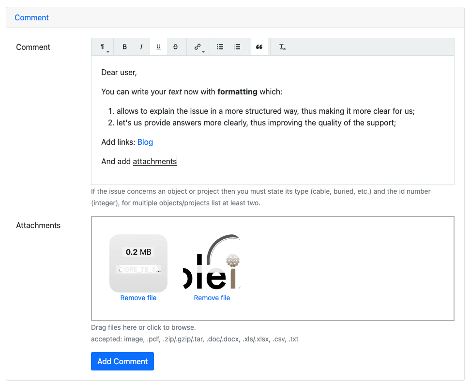 Example of a support ticket editor